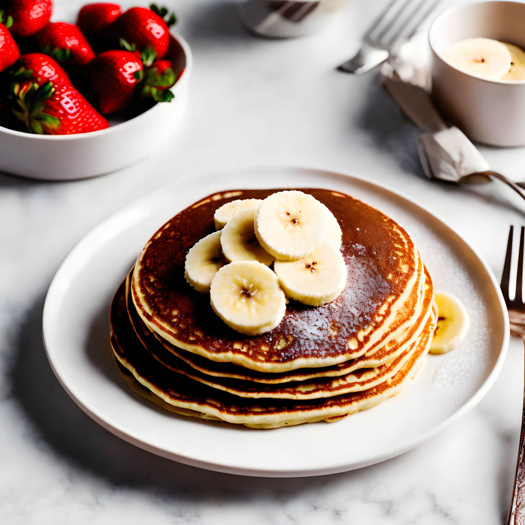 Fluffy pancakes with banana and strawberries on white plate