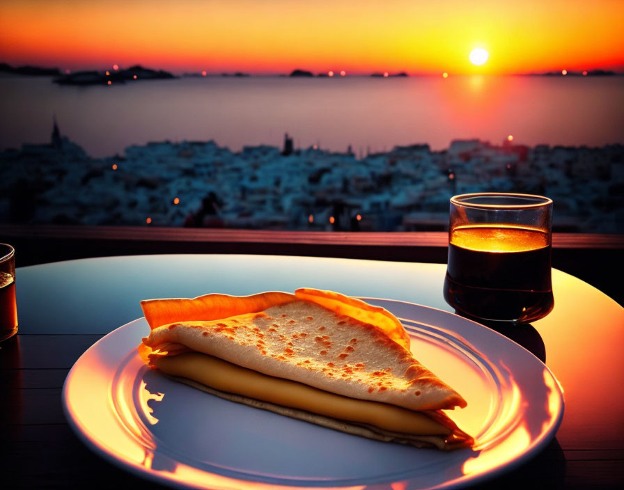 Plate with folded crepe and glass of dark drink on table with sunset and coastal cityscape.