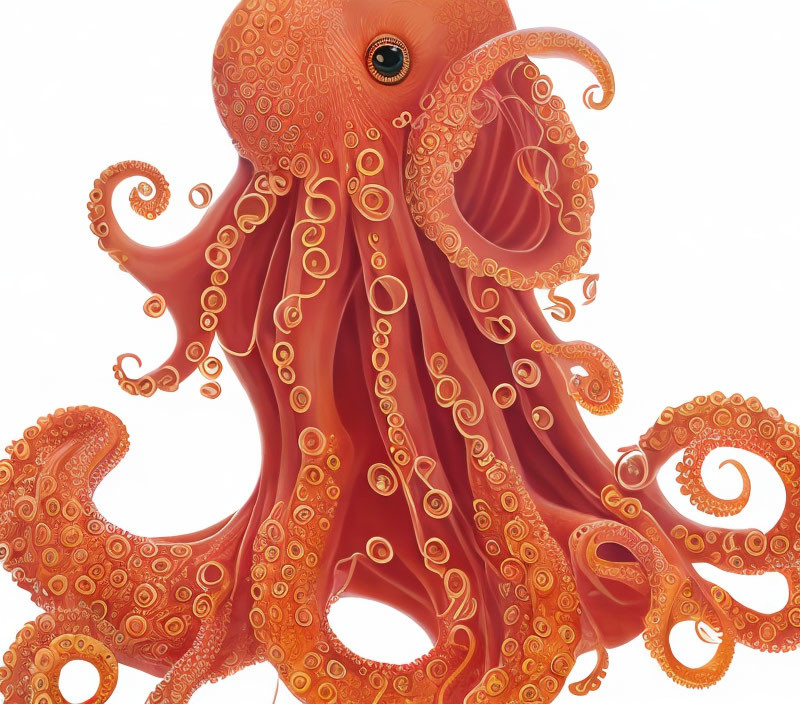 Detailed Orange Octopus with Vibrant Tentacles on Off-White Background