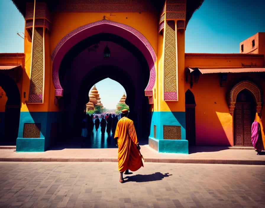 Person in vibrant orange robe walking towards ornate archway in exotic locale with intricate wall patterns and bustling