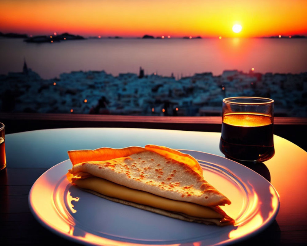 Plate with folded crepe and glass of dark drink on table with sunset and coastal cityscape.