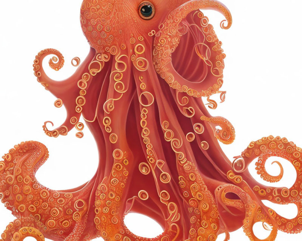 Detailed Orange Octopus with Vibrant Tentacles on Off-White Background