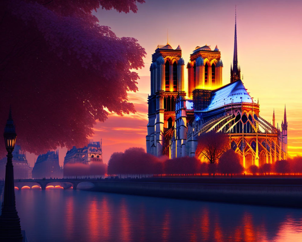 Twilight view of Notre-Dame Cathedral with cherry blossoms and colorful sky