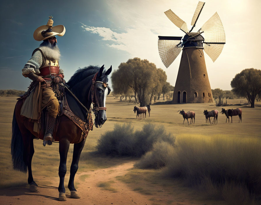 Bearded Person in Historic Armor on Black Horse Facing Windmill