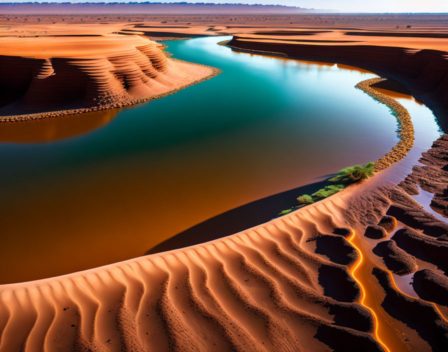 Winding River Through Desert with Sand Dunes at Sunrise/Sunset