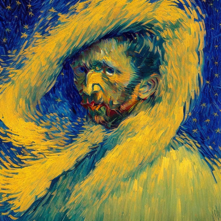 Man in swirling blue & yellow garment against starry night sky, post-impressionistic style