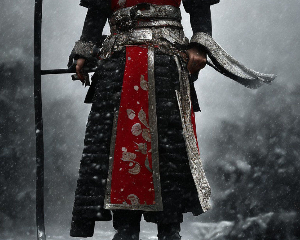 Traditional armor warrior in snowstorm with sword symbolizes stoic valor