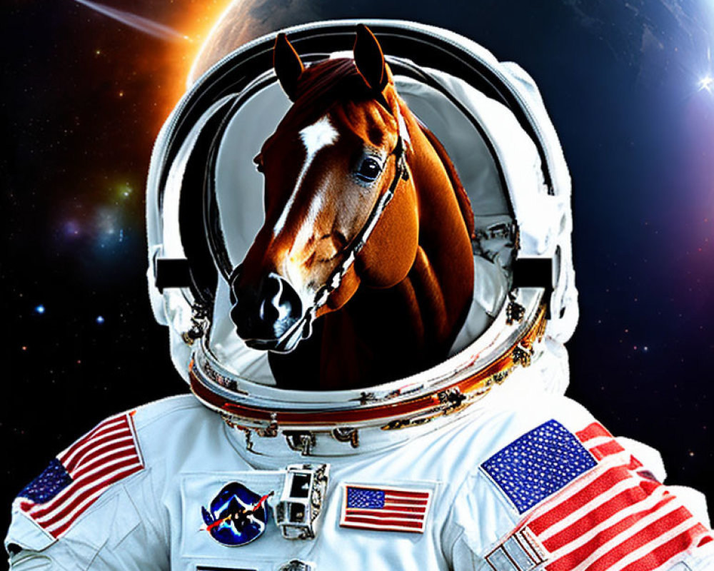 Horse head on astronaut body in space scene