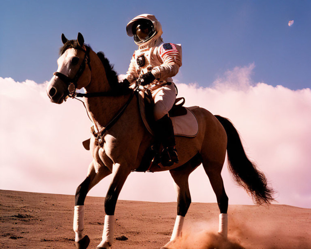 Astronaut in space suit riding horse on barren landscape