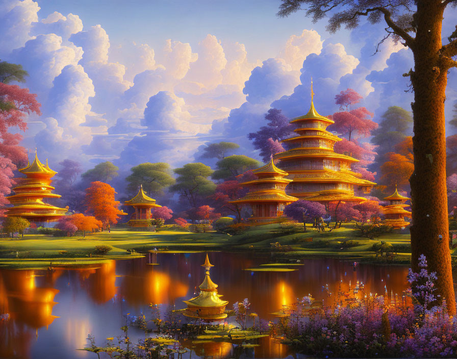 Tranquil landscape with golden pagodas, serene lake, lush trees, purple flowers.