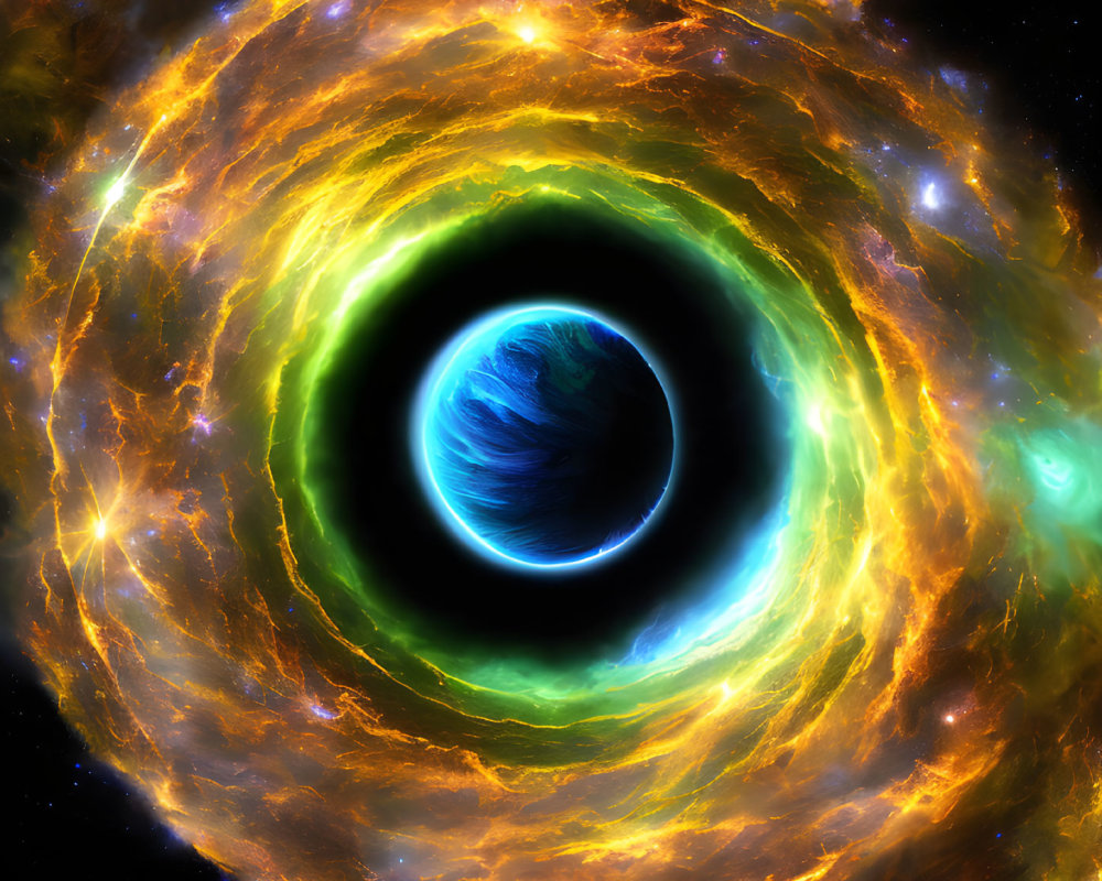 Digital Artwork: Black Hole Pulling Celestial Material with Planet