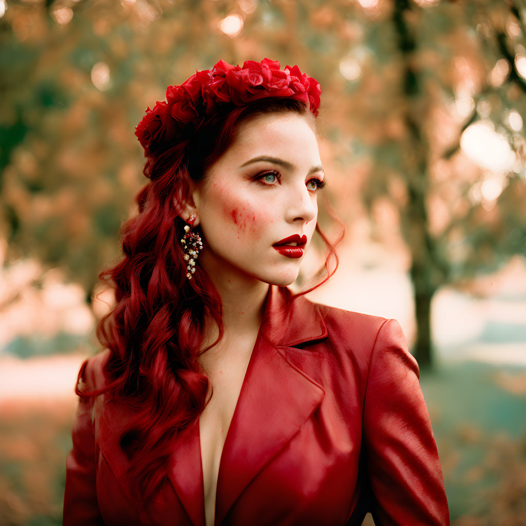 Pensive woman in red outfit with floral headpiece against autumn backdrop
