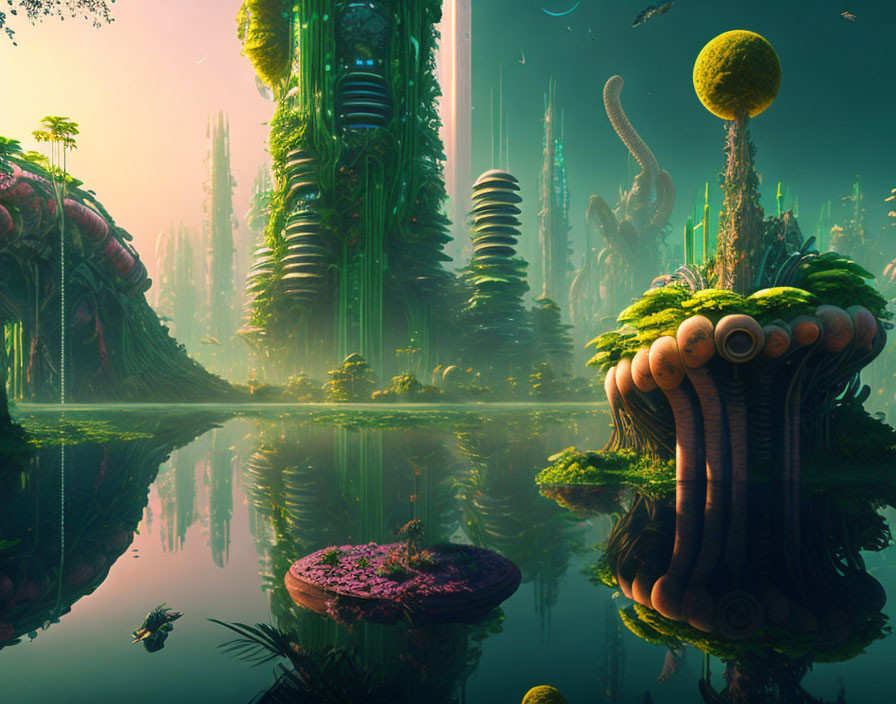 Futuristic towers in verdant alien landscape with lush foliage