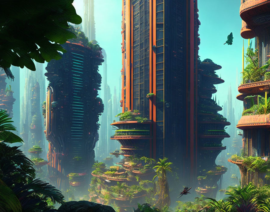 Futuristic skyscrapers in lush green jungle cityscape