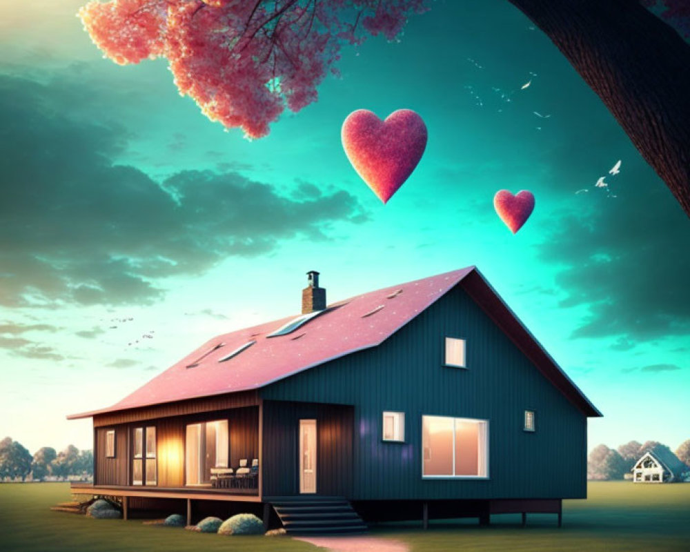 Twilight sky over cozy house with pink tree and heart balloons