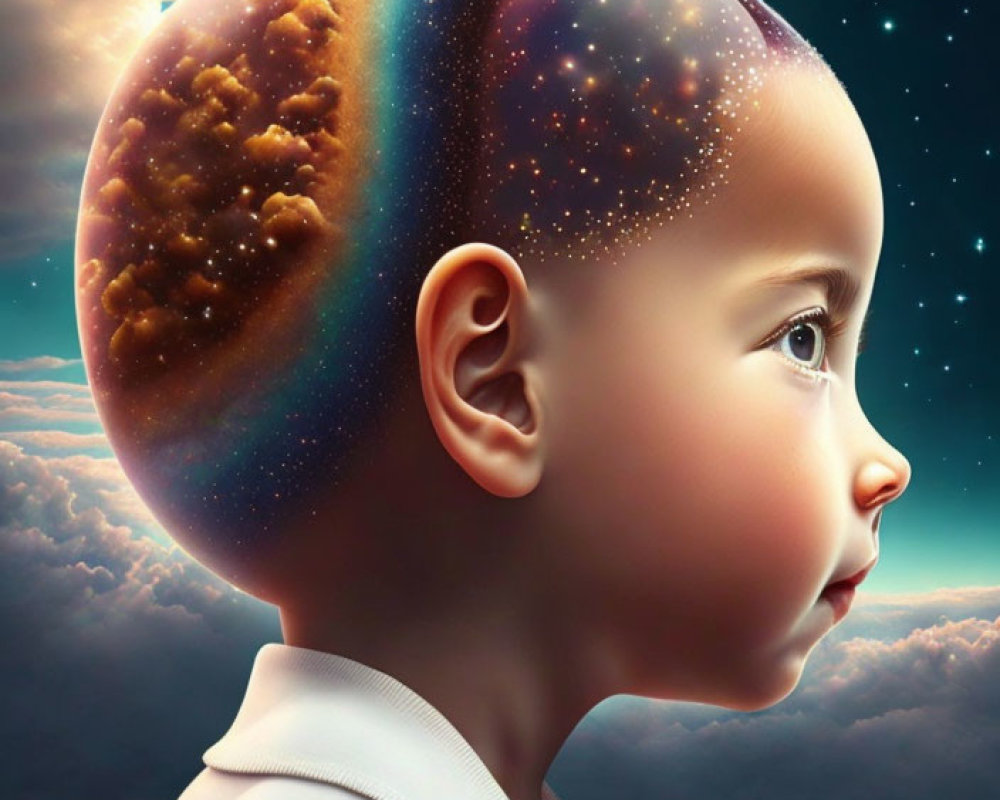 Surreal child with cosmos hair in cloudy sky backdrop