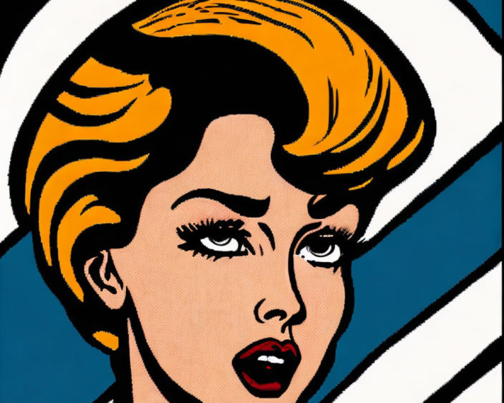 Bold Outlined Pop Art Portrait of Surprised Woman with Blonde Hair and Red Lipstick