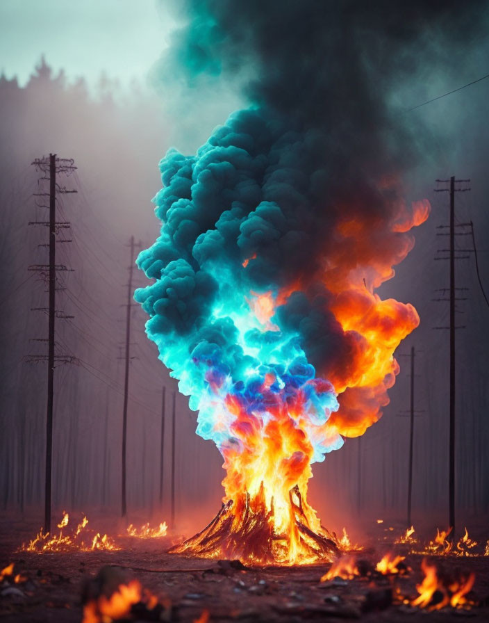 Intense Blue and Orange Flames with Dark Smoke in Burnt Landscape