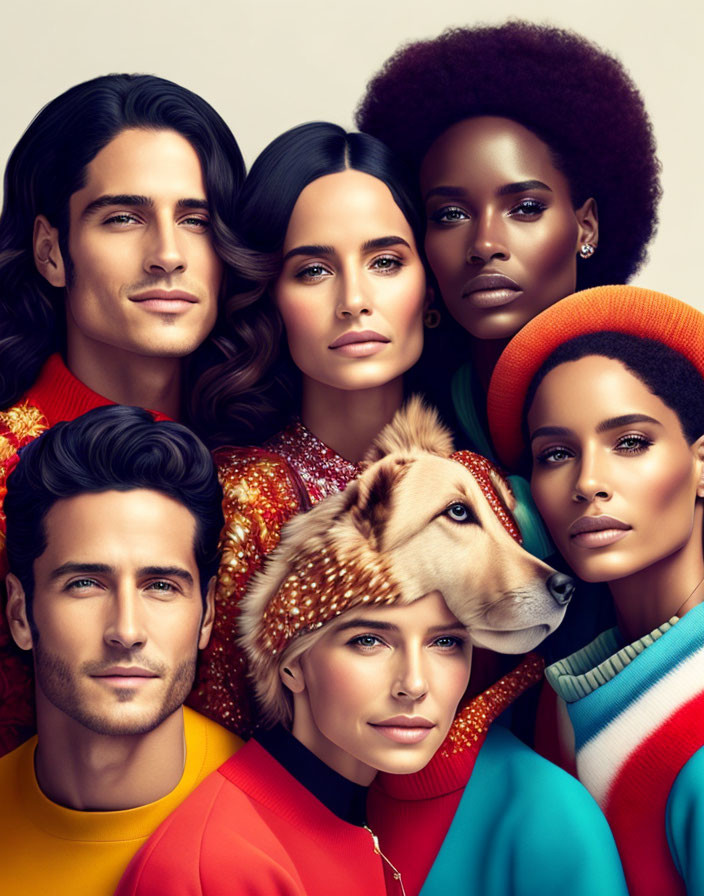Five stylish individuals posing with a golden retriever against a beige backdrop, displaying diversity and fashion.