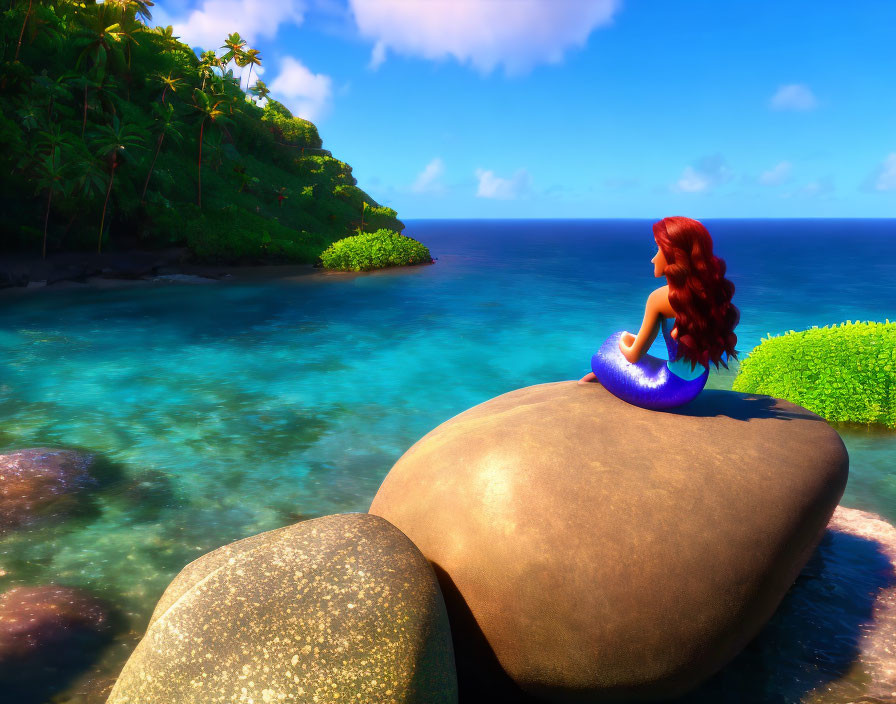 Mermaid sitting on rock by ocean with lush greenery & blue sky