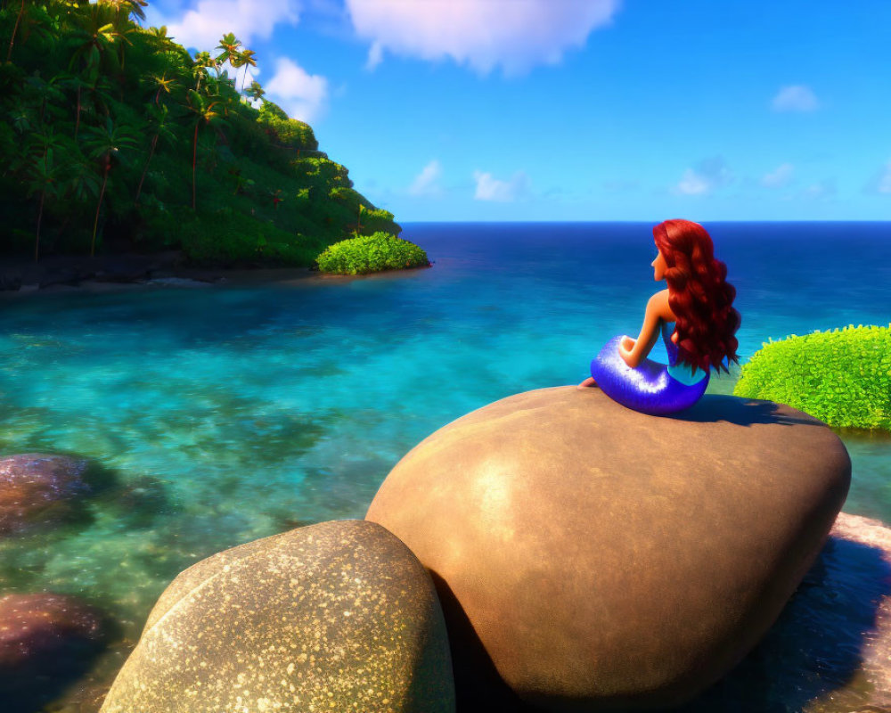 Mermaid sitting on rock by ocean with lush greenery & blue sky