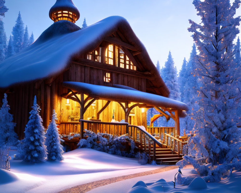 Snowy Twilight Scene: Cozy Cabin in Illuminated Snowscape
