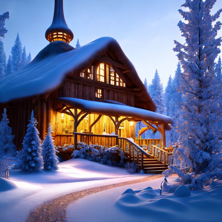 Snowy Twilight Scene: Cozy Cabin in Illuminated Snowscape