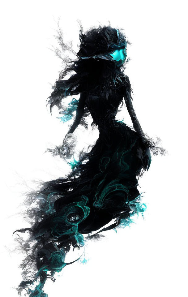 Ethereal figure in black and teal dress against white background