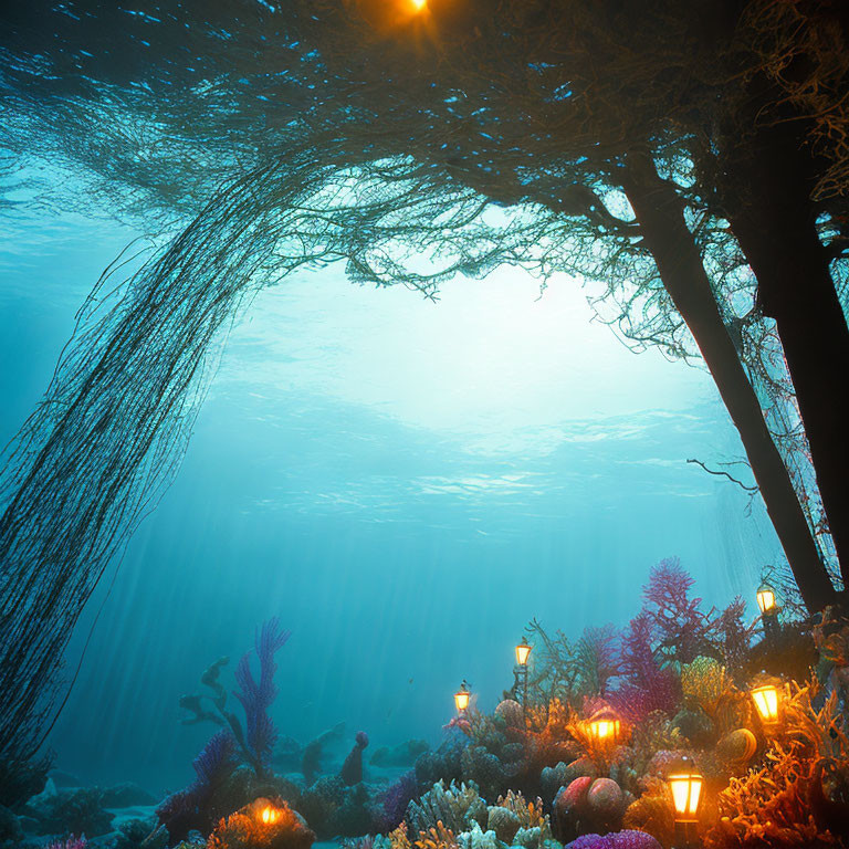 Underwater scene with coral, lanterns, and sunbeams in a submerged forest.