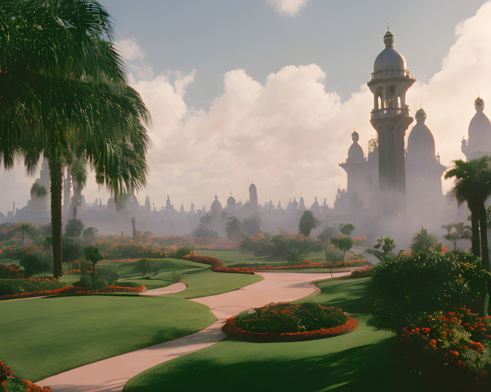 Misty fantasy landscape with lush gardens and ornate palace