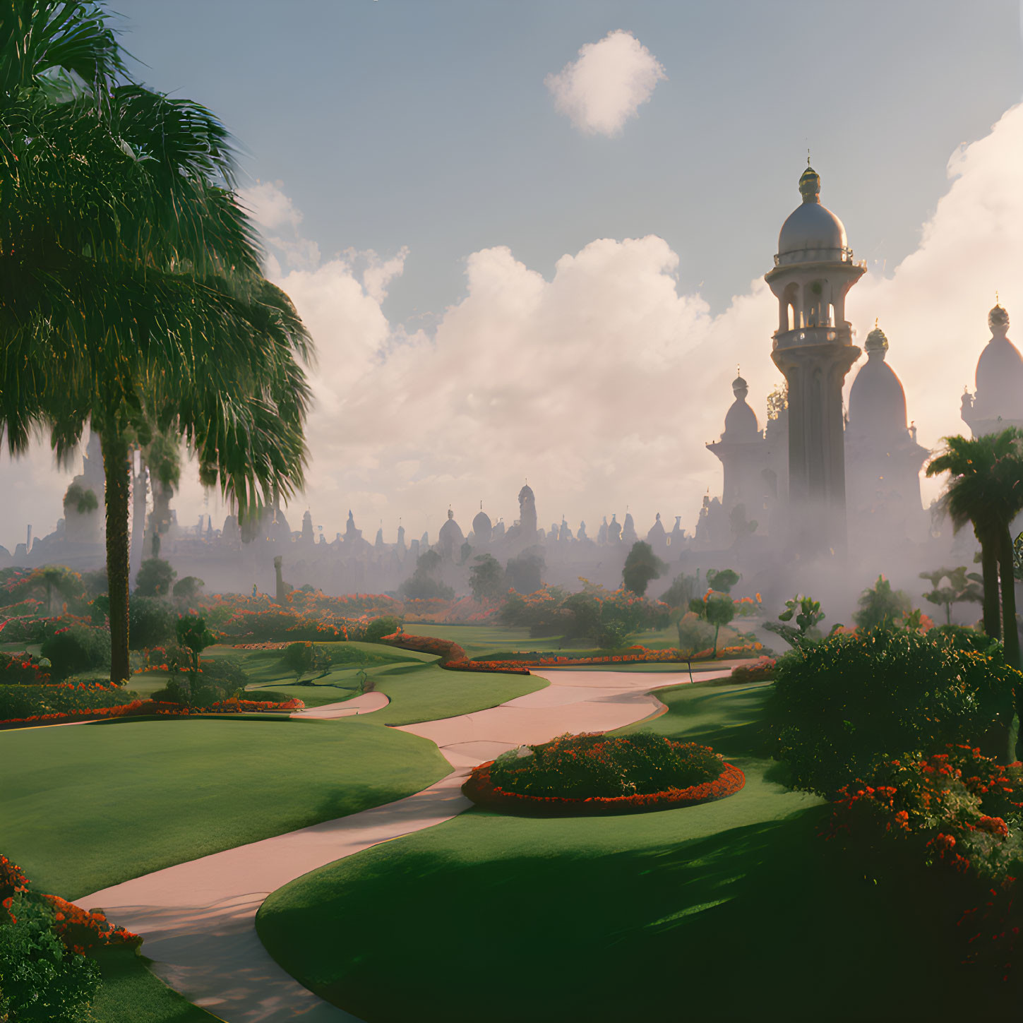 Misty fantasy landscape with lush gardens and ornate palace