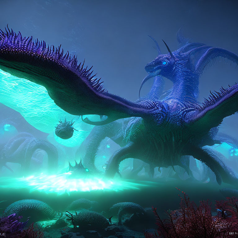 Deep-sea creature with glowing blue eyes, tentacles, and spiked back near luminescent underwater