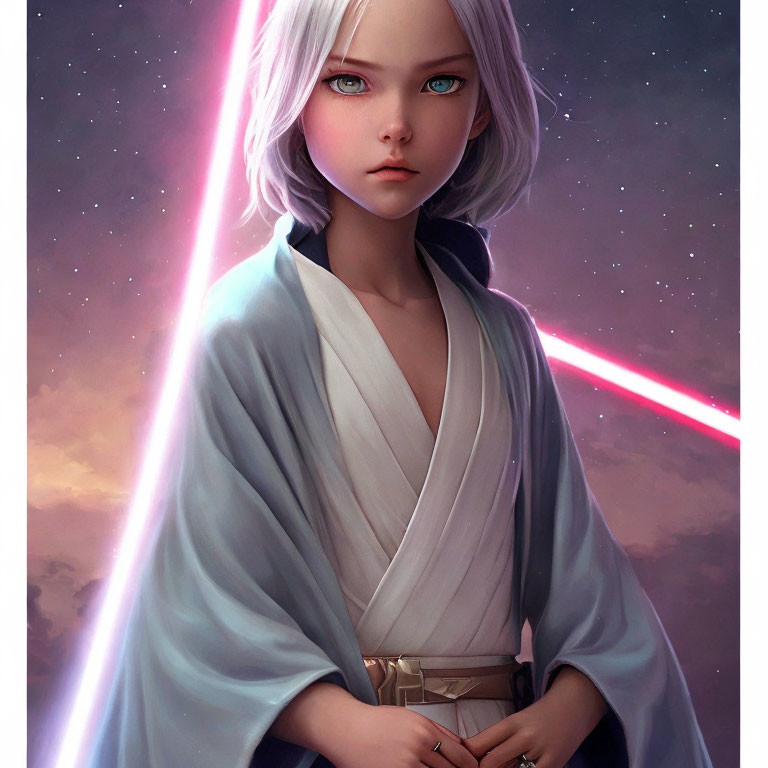 Young girl with blue eyes and white hair in digital artwork with lightsabers