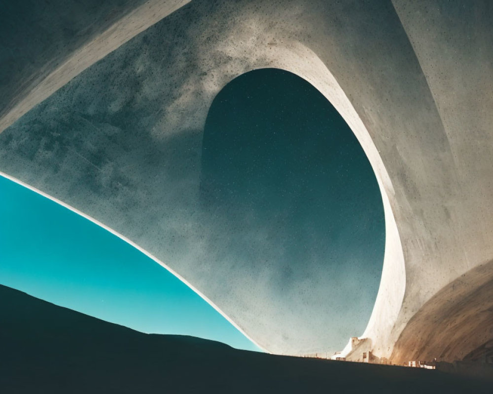 Curved concrete arch with distant building silhouette under clear sky