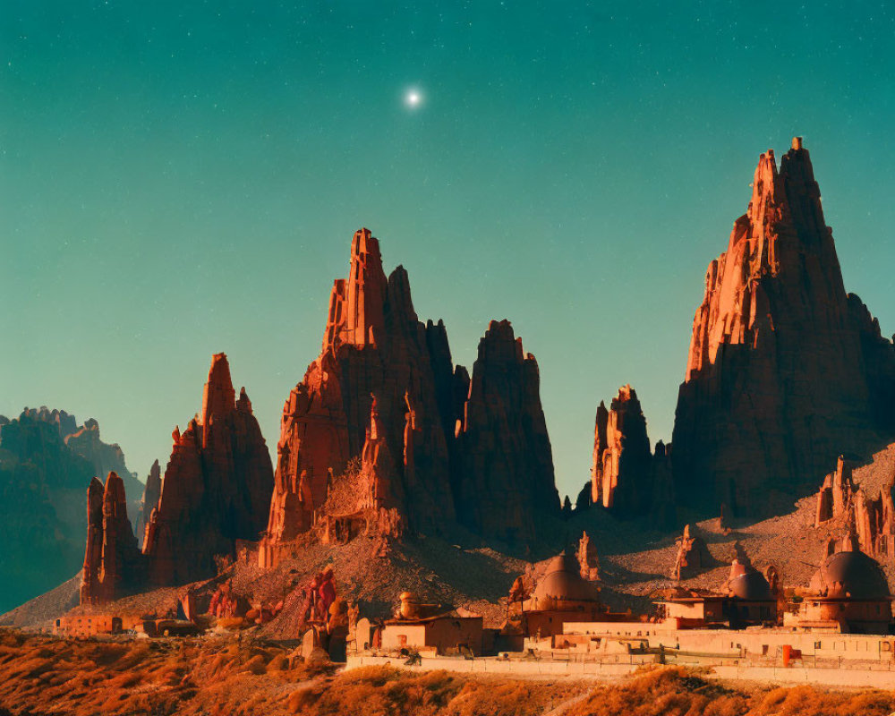 Twilight sky with red rock formations and monastery beneath a bright star.