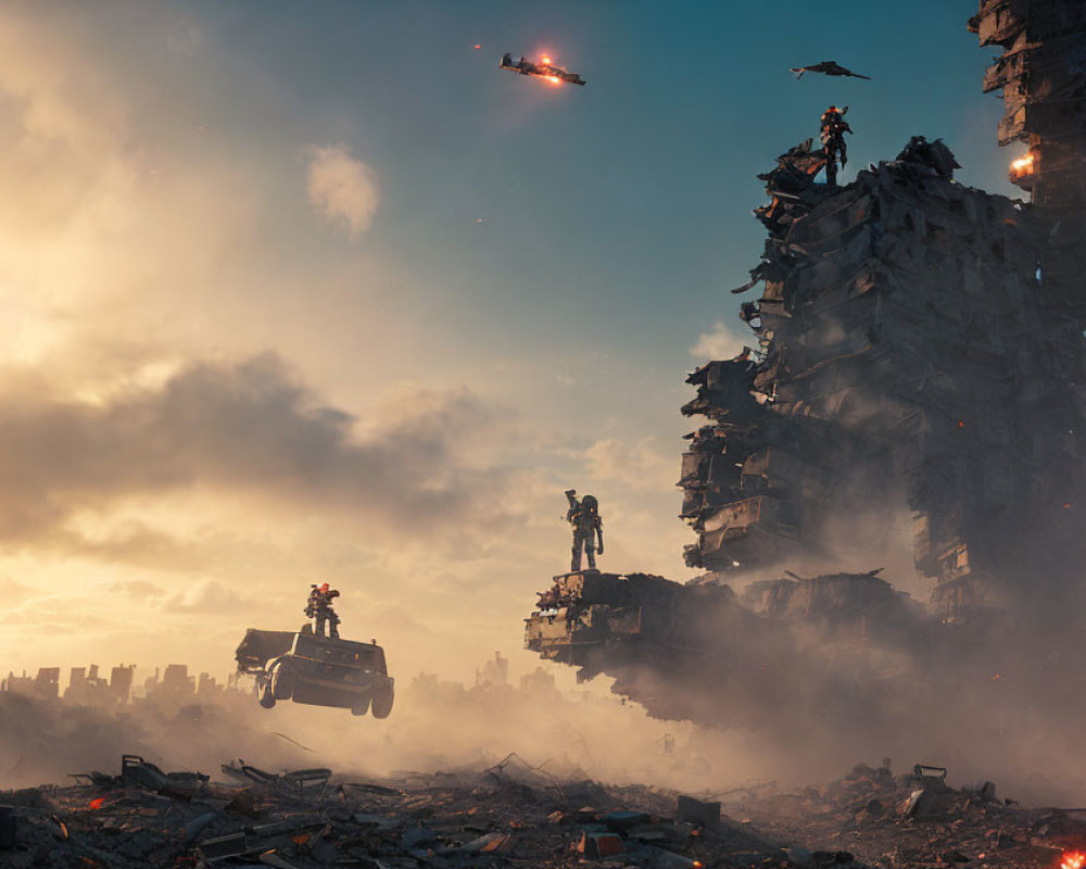 Destroyed buildings, robots, and flying vehicles in fiery post-apocalyptic scene