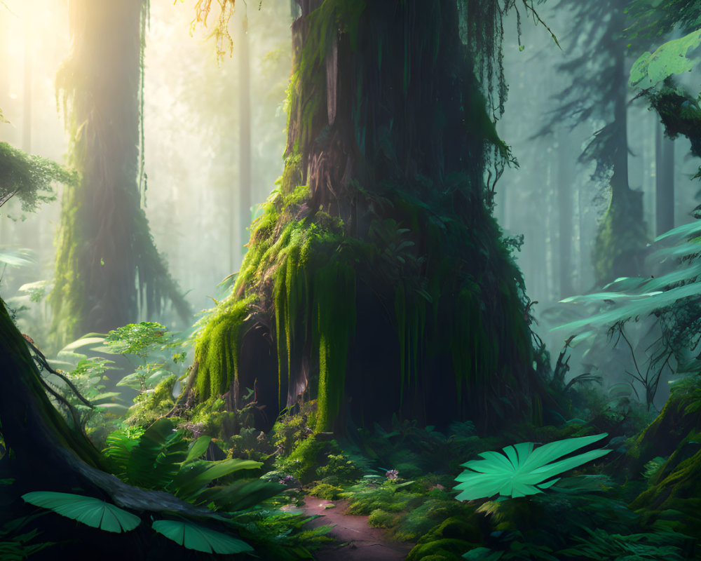Enchanting forest scene with moss-covered tree and sunbeams