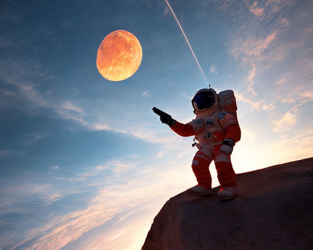 Astronaut pointing at large moon on rocky alien landscape