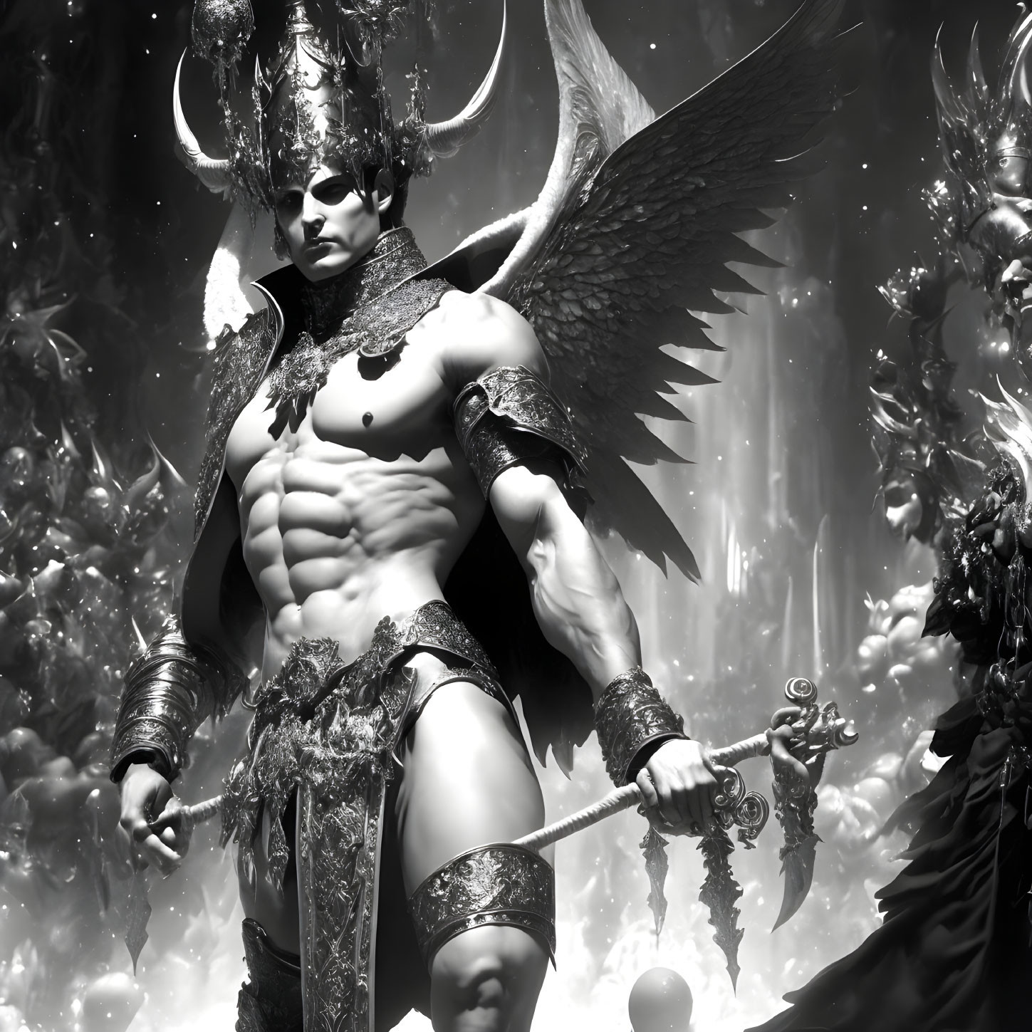 Monochrome fantasy character with wings, horns, and ornate armor in detailed setting