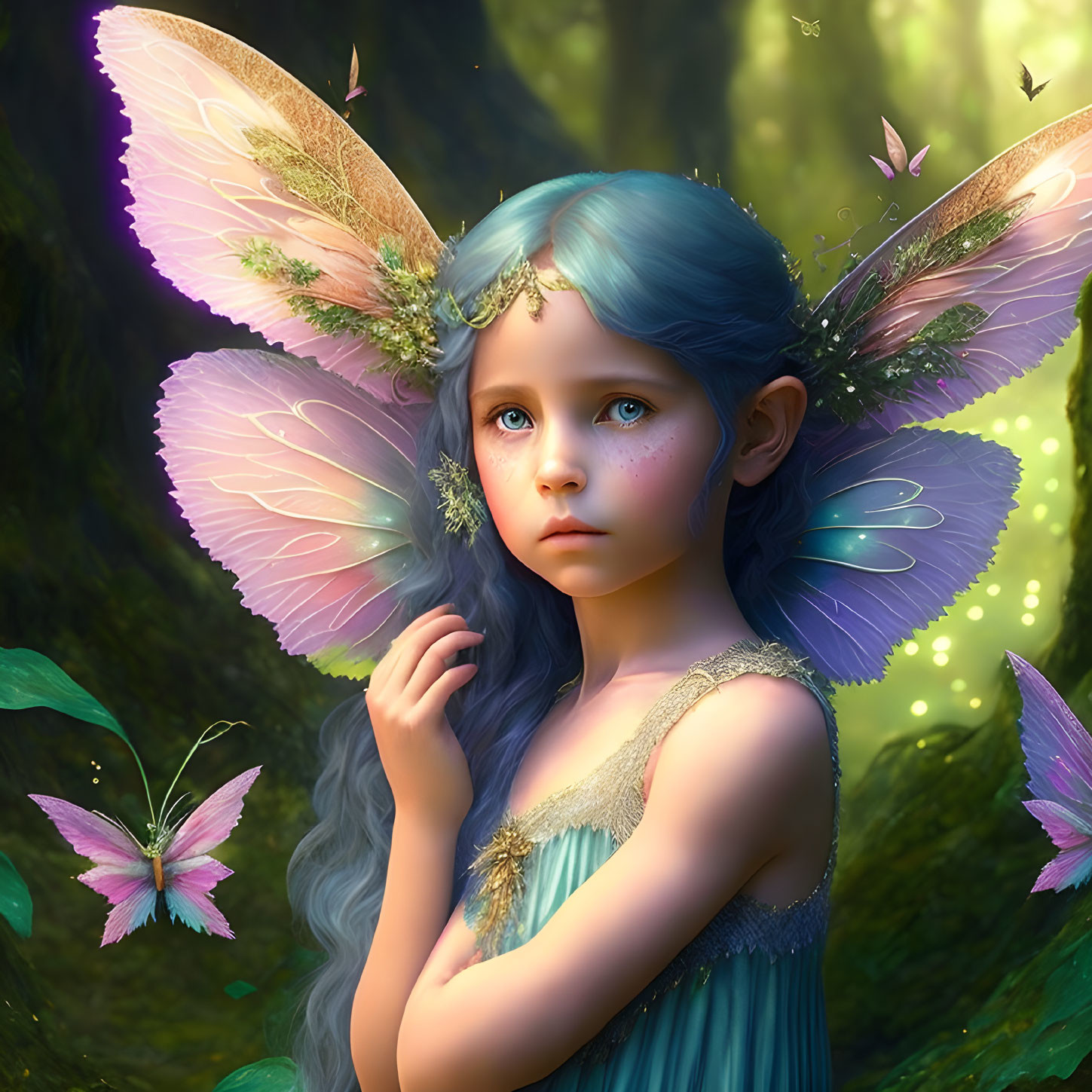Whimsical fairy child with iridescent wings in forest with butterflies