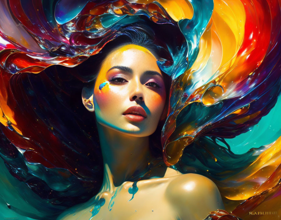 Colorful Abstract Art: Woman with Swirling Hair