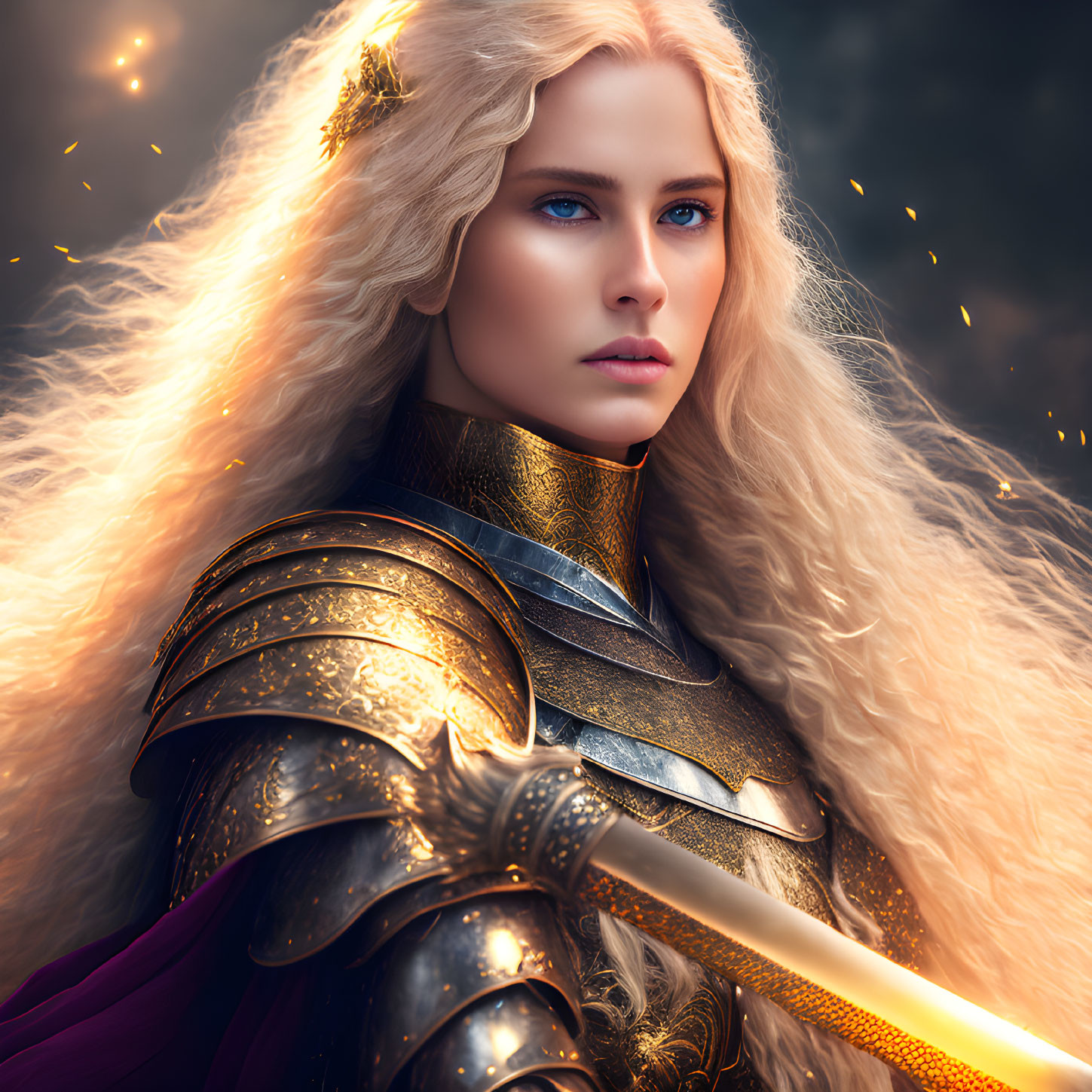 Blonde woman in golden medieval armor with sword in fiery setting