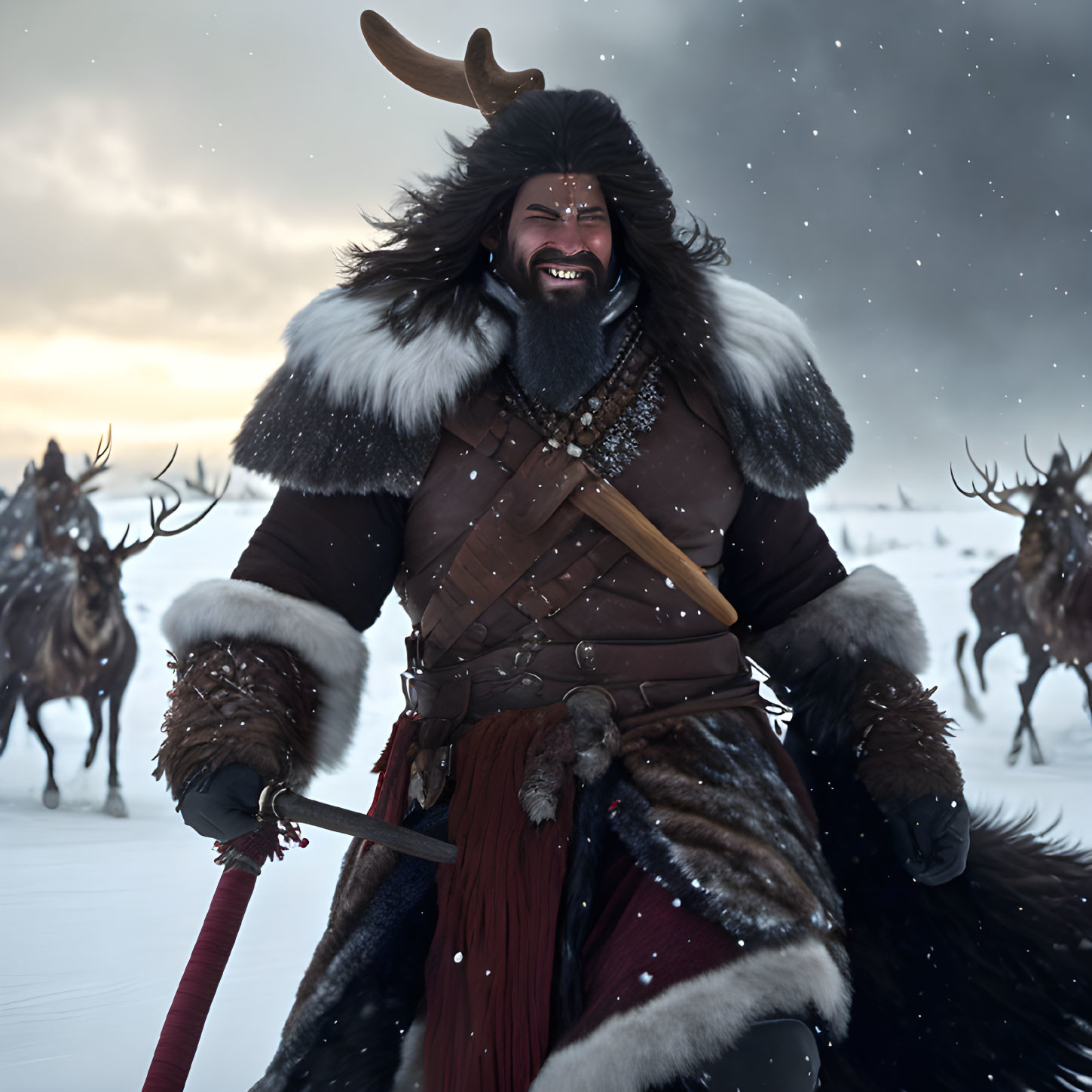 Bearded warrior in fur armor with sword among reindeer in snowy landscape