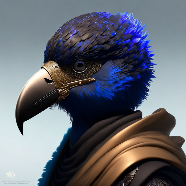 Anthropomorphized bird digital illustration with blue feathers, golden beaked mask, and brown cloak