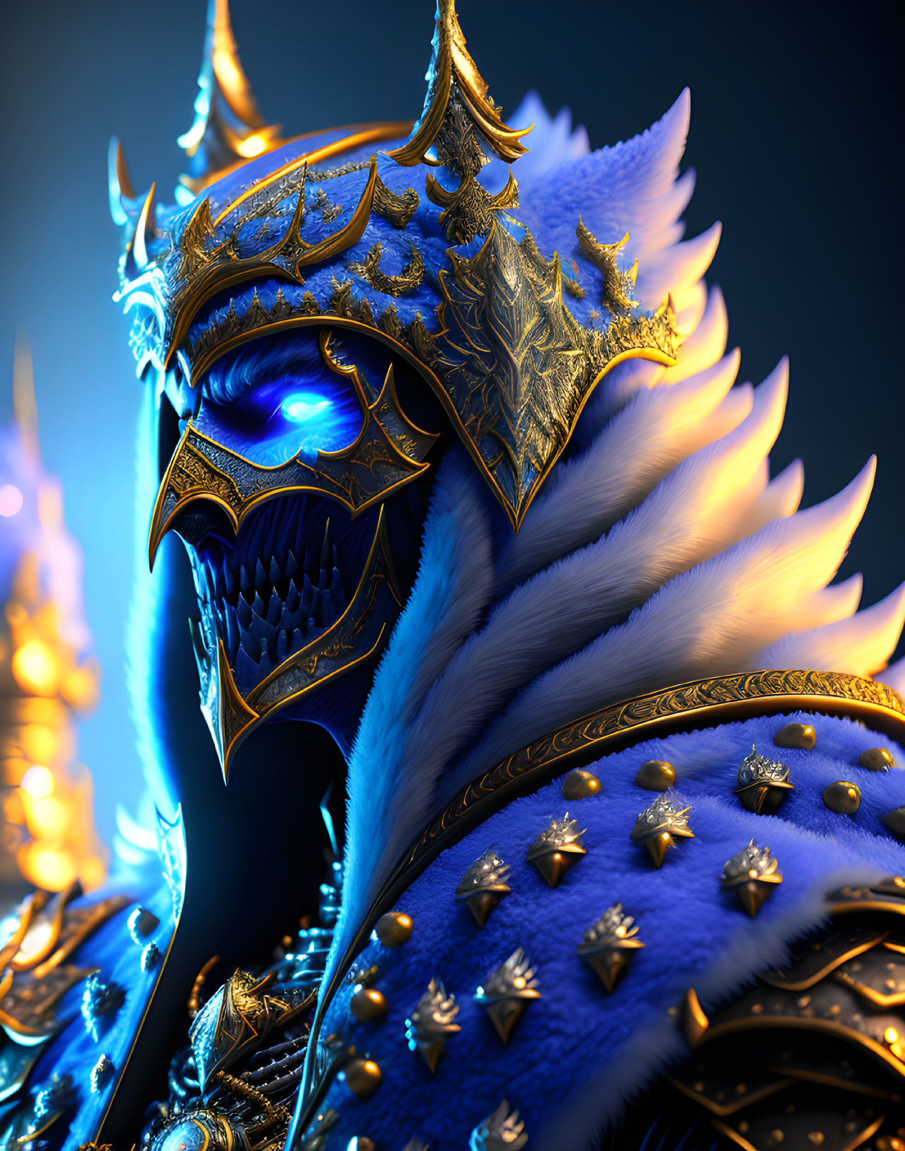 Fantasy armor design with blue feathers, golden spikes, and glowing blue-eyed mask