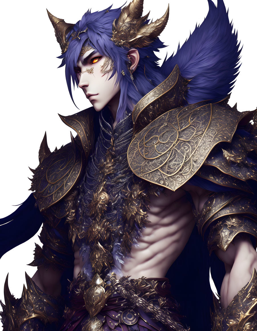 Blue-haired character in golden armor with wolf-like features