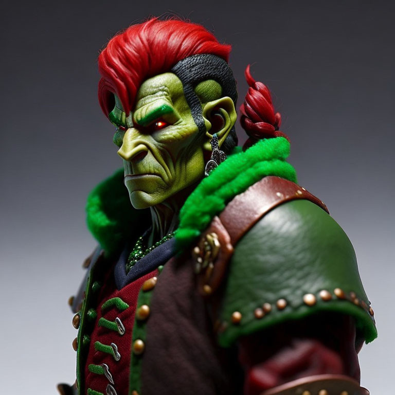 Green-skinned character with red hair in stylish coat and headband