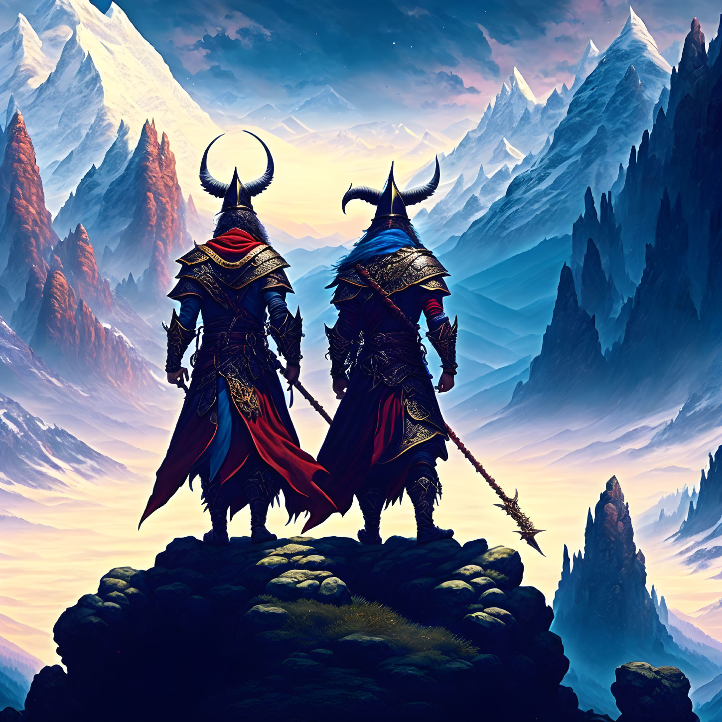 Armored fantasy characters with horns on cliff in dramatic landscape