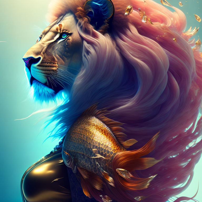 Surreal lion illustration with pink mane, blue-lit face, fish body, and musical instrument