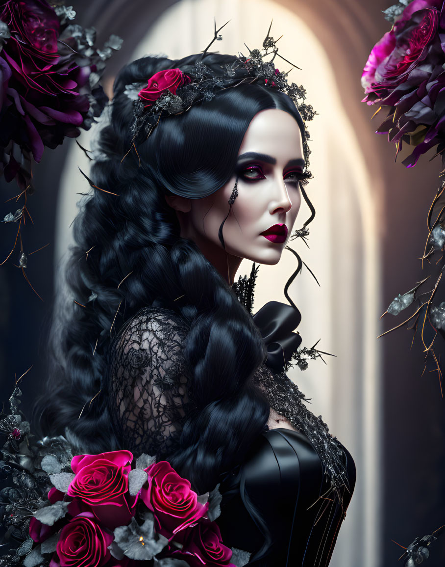 Woman with intricate gothic makeup and attire, adorned with dark roses and a braid